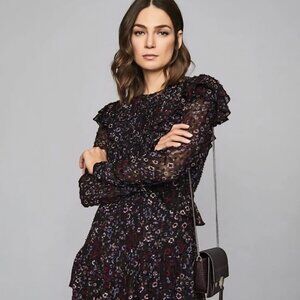 Reiss Floral Pintuck Mini Dress – Dark Floral, Long Sleeve, Size US 6/UK 10